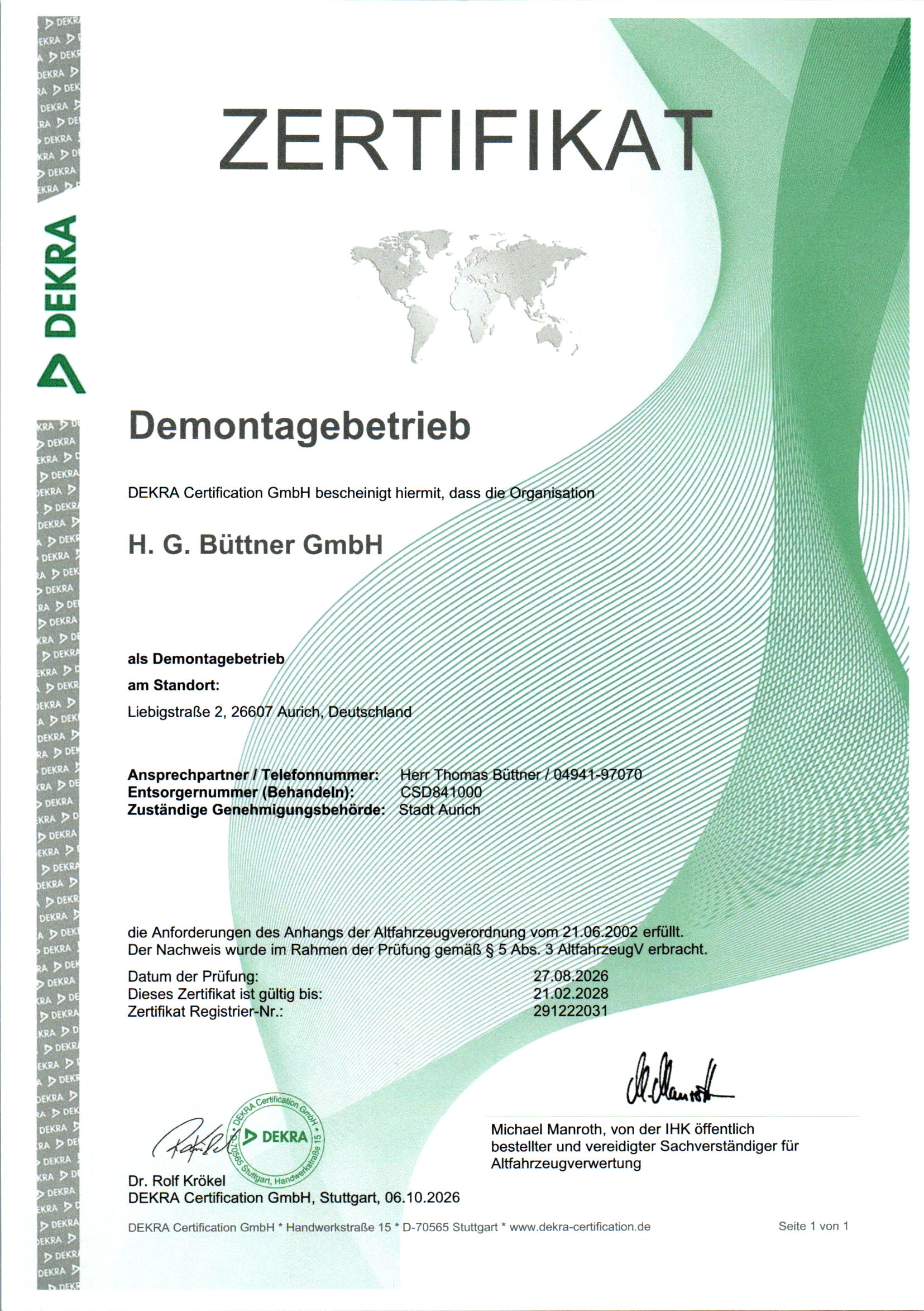 Zertifikat Demontagebetrieb 2026